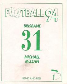 1994 Select AFL Stickers #31 Michael McLean Back